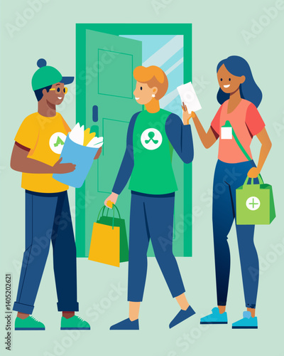 A team of community members goes doortodoor handing out informational brochures and reusable bags to encourage their neighbors to recycle more.. Vector illustration