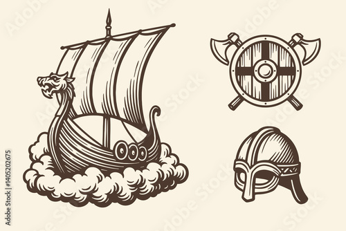 Viking ship, axe shield and helmet in bold black engraving style