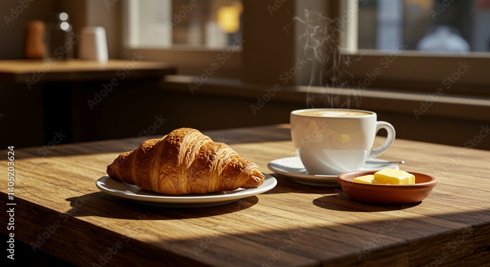 Flaky buttery croissant, perfect for breakfast. Styled on cozy French café scene. Flaky buttery croissant, perfect for breakfast. Styled on cozy French café scene.