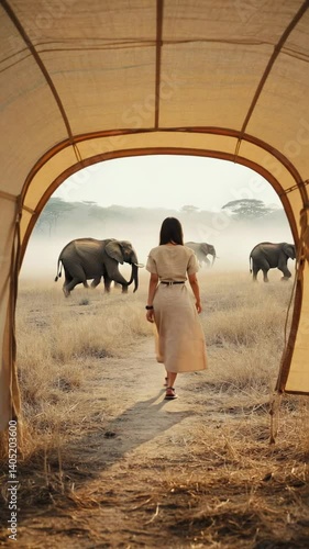Woman Walking Towards Elephants in the African Savanna During a Misty Sunrise. Travel Adventure Vertical Video.