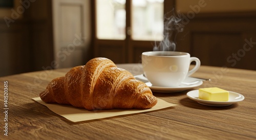 Flaky buttery croissant, perfect for breakfast. Styled on cozy French café scene.
