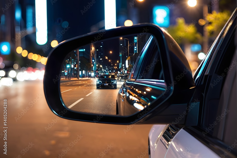 Close-up of a car side mirror with street background at night Close-up of a car side mirror with street background at night