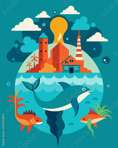 Rising ocean temperatures made possible by industrial practices contributing to climate change are causing the displacement and extinction of numerous marine species.. Vector illustration