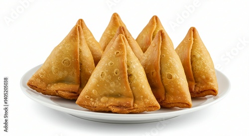 Spiced potato-filled samosas on white background.