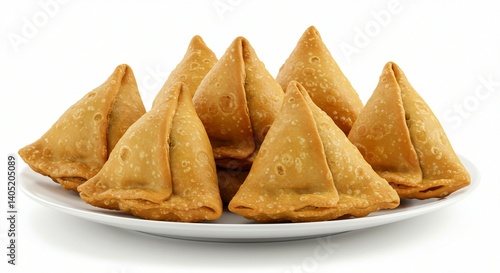 Spiced potato-filled samosas on white background.