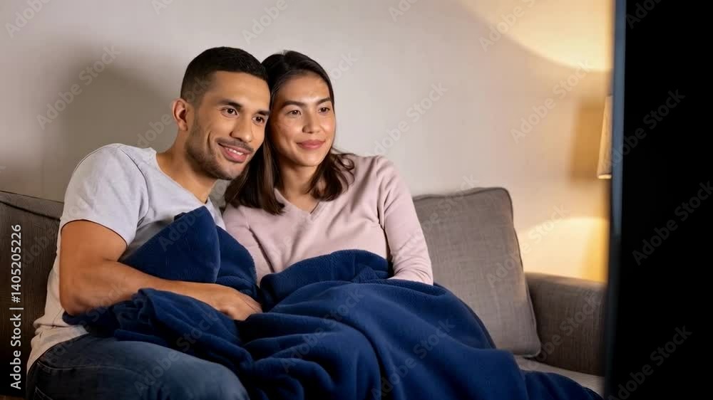Happy couple watching tv covered by blanket on sofa Happy couple watching tv covered by blanket on sofa