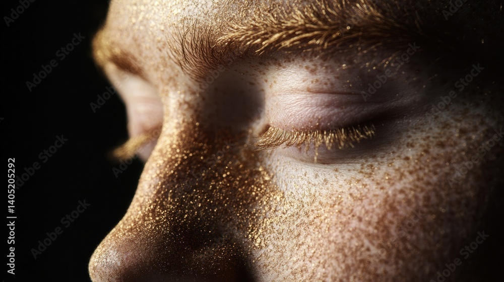 Close-up of a freckled face with golden glitter.