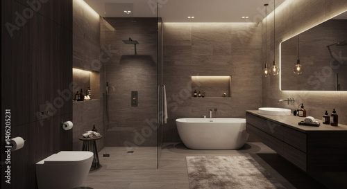 Luxurious minimalist bathroom with stone finishes and warm lighting