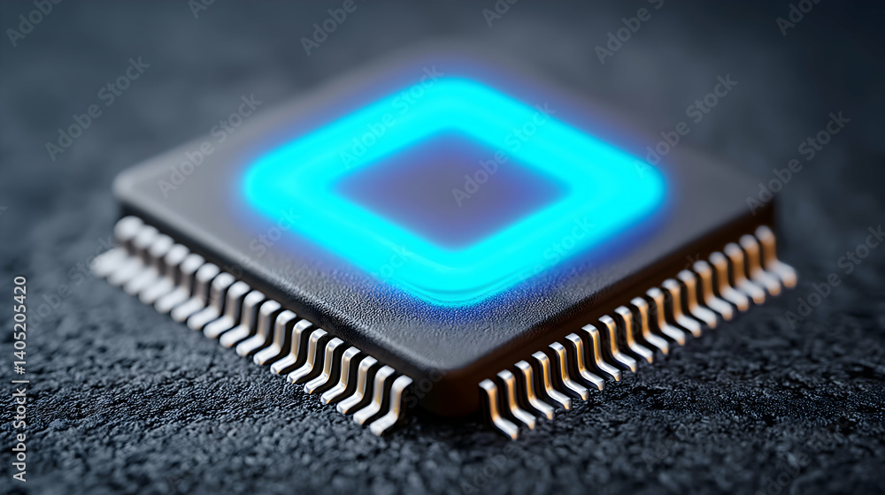 Glowing blue square on a microchip. Generative AI Glowing blue square on a microchip. Generative AI