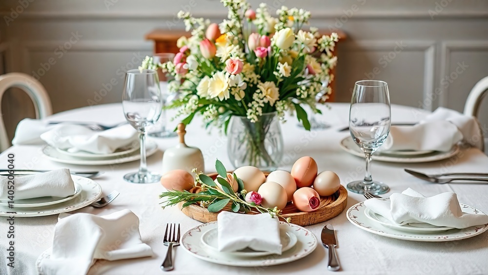 Fototapeta premium Elegant Easter Dinner Table Setting, Prepared for a Special Occasion