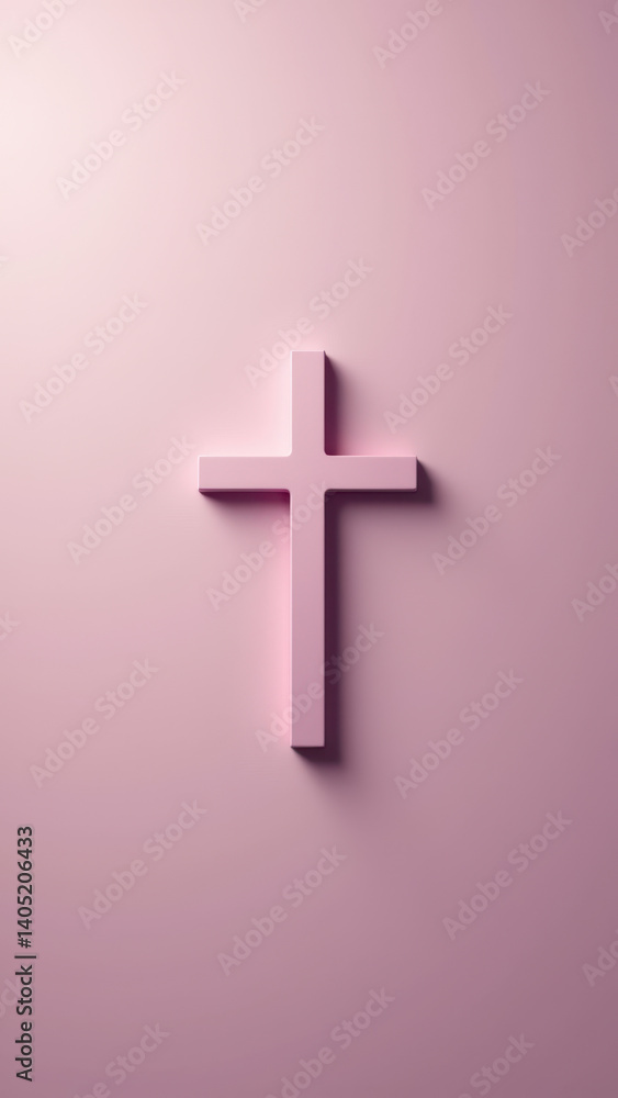 A pink cross on a wall with blurred background. A pink cross on a wall with blurred background.