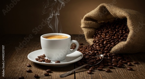 Invigorating espresso still life with burlap sack of coffee beans and rustic charm