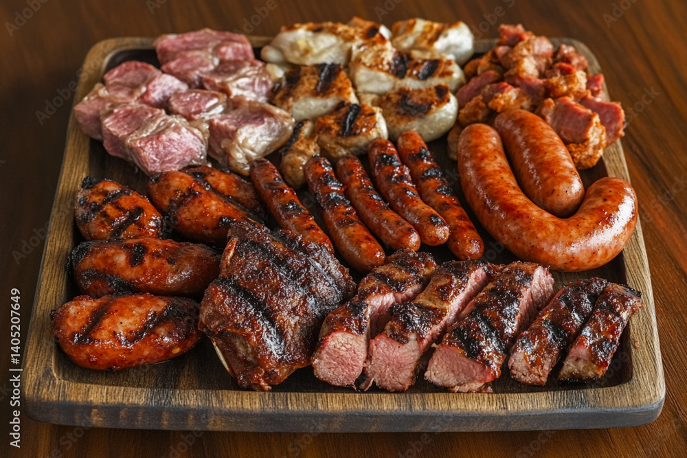 Wooden plate of grilled beef, pork, sausage and chicken meats bbq on the table Wooden plate of grilled beef, pork, sausage and chicken meats bbq on the table