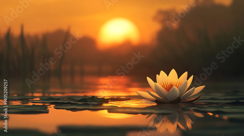 A radiant lotus flower glows in soft dreamlike colors, painted on canvas during golden hour