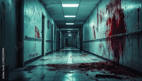 Disturbing depiction of a desolate hospital corridor soaked in sinister bloodstains
