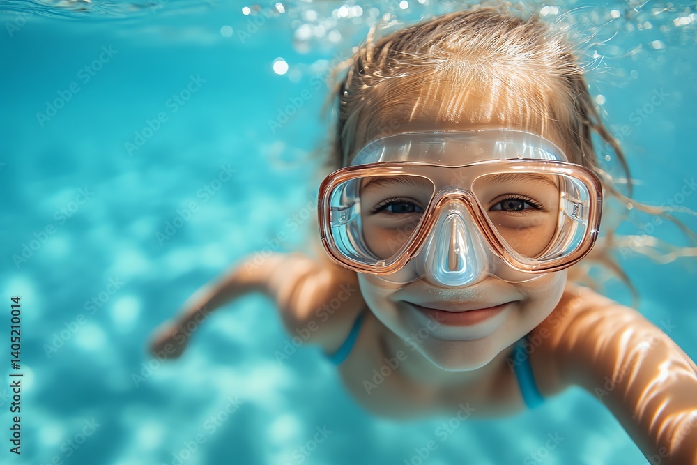 Naklejka premium A happy little girl smiles while swimming underwater wearing a diving mask. The turquoise water is bright and cheerful. Perfect for summer travel brochures.