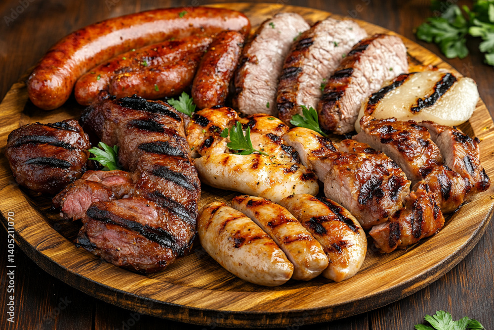 Wooden plate of grilled beef, pork, sausage and chicken meats bbq on the table Wooden plate of grilled beef, pork, sausage and chicken meats bbq on the table