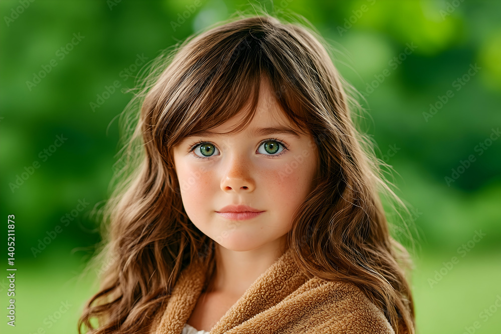 Portrait of a young girl with long brown hair and green eyes, wearing a brown robe, outdoors. Generative AI Portrait of a young girl with long brown hair and green eyes, wearing a brown robe, outdoors. Generative AI