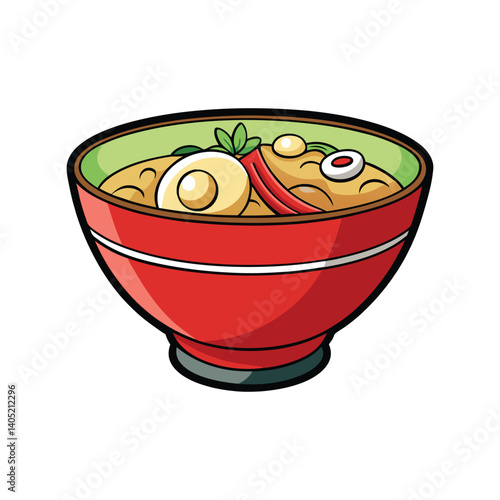 Ramen Bowl Vector Illustration – Japanese Noodle Soup with Egg, Broth, and Toppings in Flat Style for Menu, Food Packaging, and Restaurant Branding
