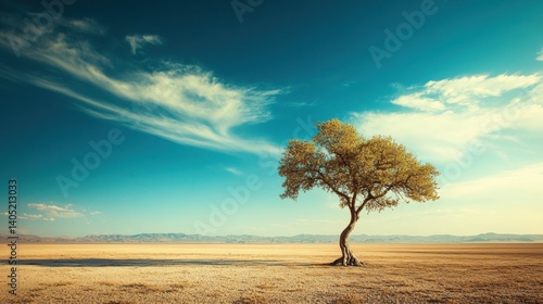 Solitary tree stands strong amidst a vast, golden desert landscape.