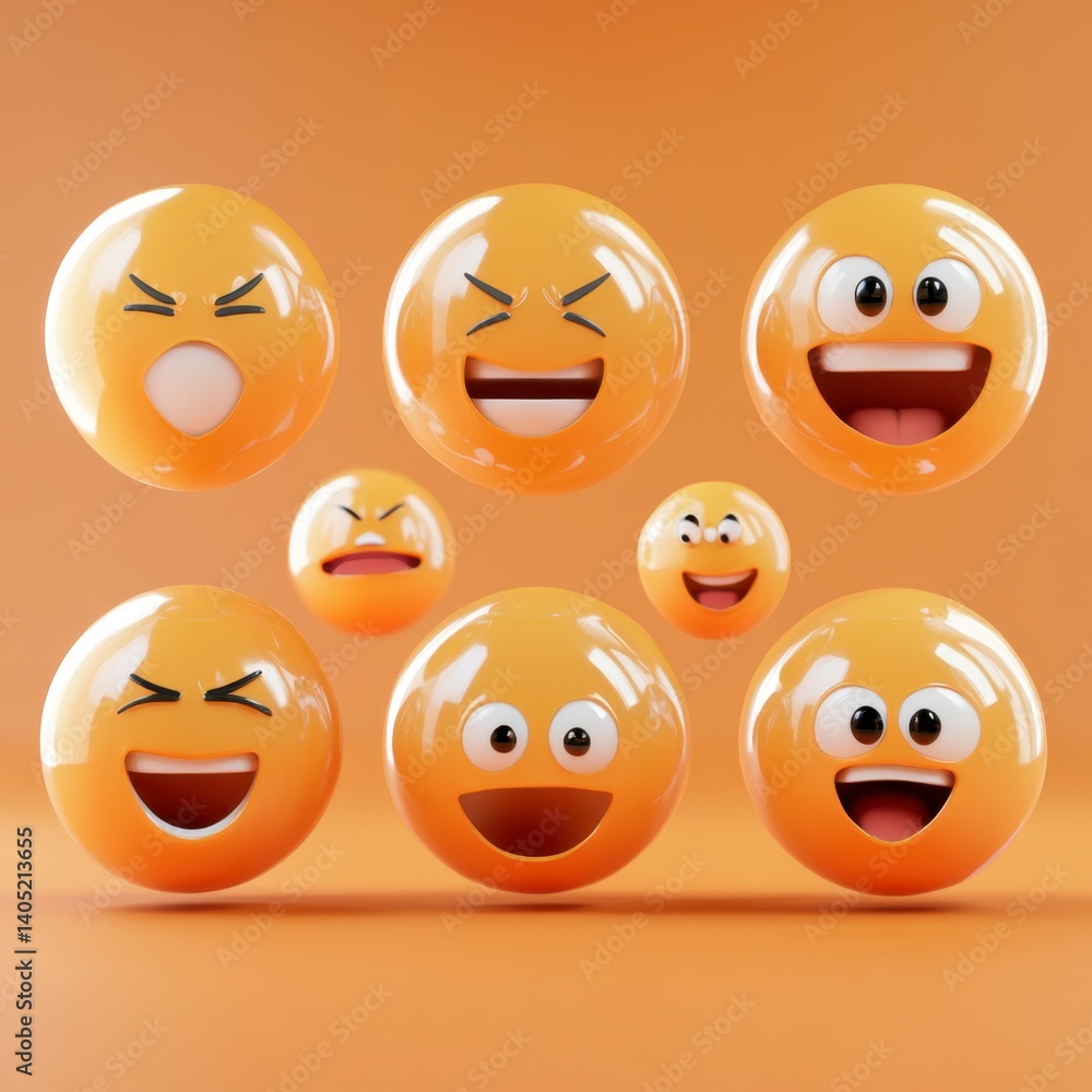 Fototapeta premium Floating Emoji Faces Expressing Various Emotions on an Orange Background