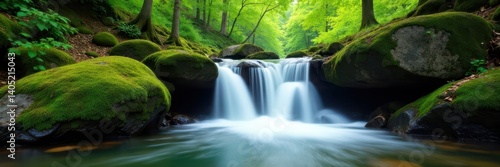 Serene park waterfall cascading over moss-covered rocks , tranquil, park, relaxation