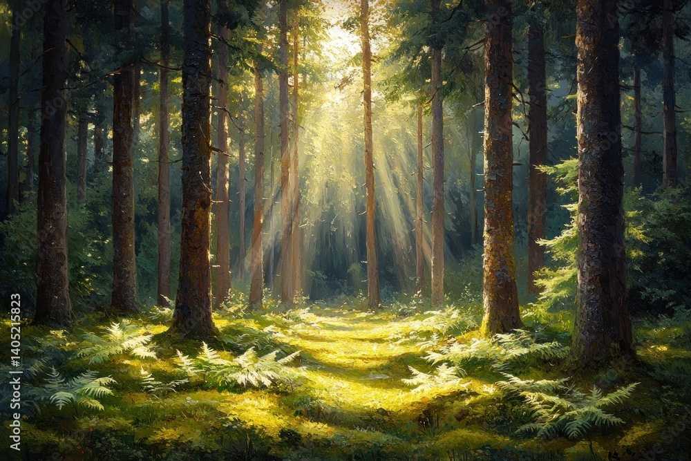 Obraz premium Sunlight streams through a tranquil forest path (1)
