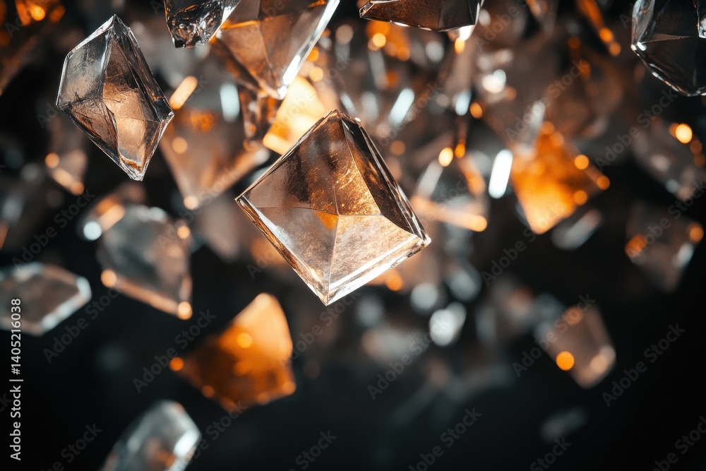 Transparent crystalline shards suspended in darkness.