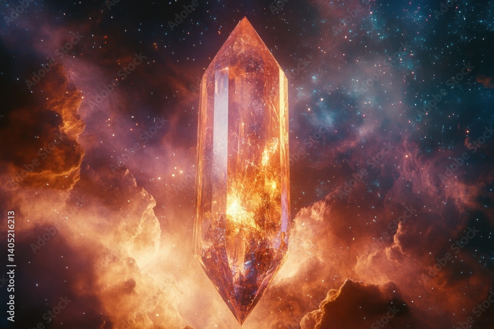 Radiant crystal prism within a cosmic nebula.