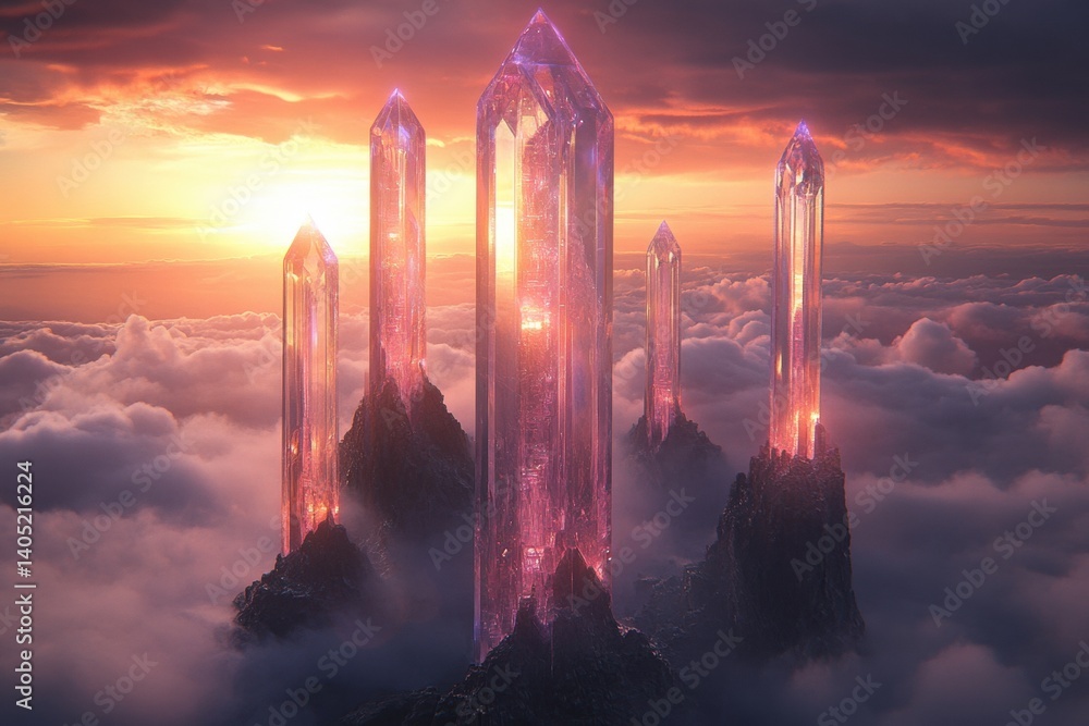 Crystal peaks rise above a sunset sky, bathed in ethereal light.