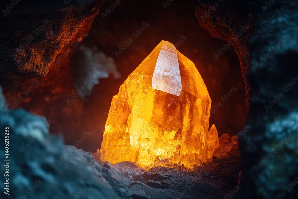Illuminated crystal point nestled within a cave.