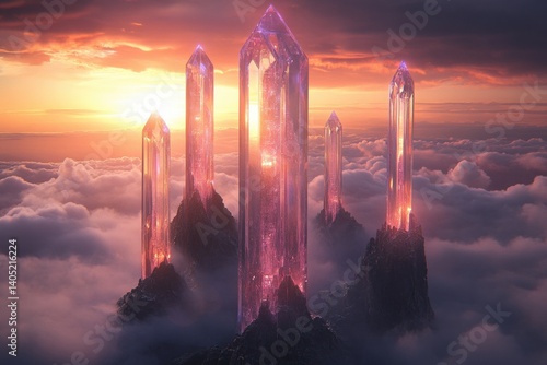 Obraz na płótnie Crystal peaks rise above a sunset sky, bathed in ethereal light. w salonie