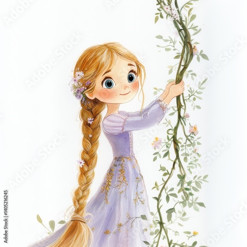 fairy-tale princess with long braided hair on a white background