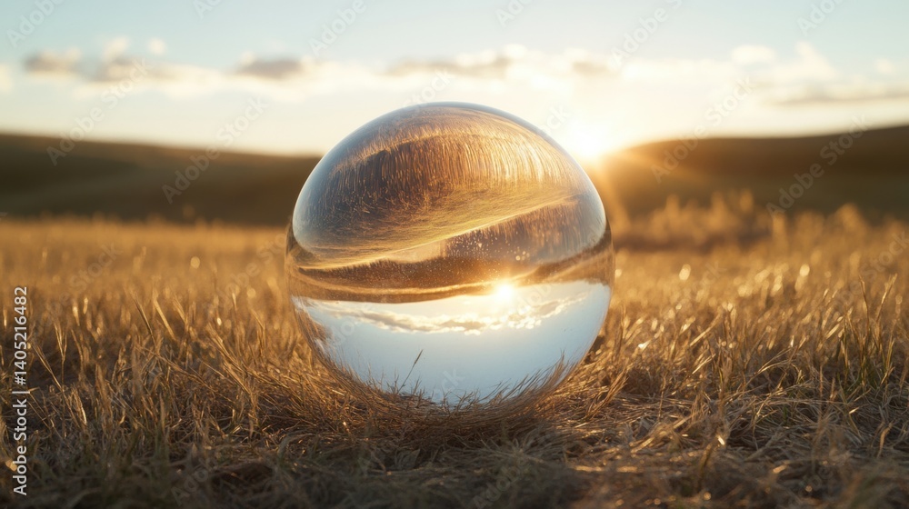 Crystal ball reflecting golden sunset over a field.