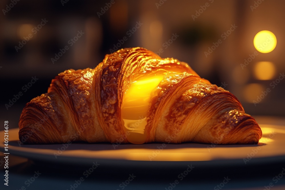 Golden croissant, illuminated from within, showcasing its buttery interior.