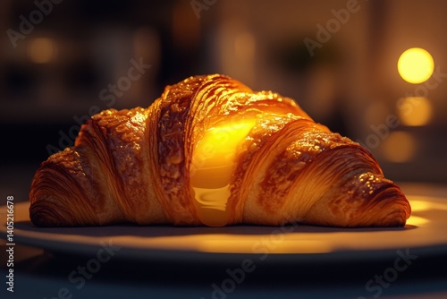 Obraz na płótnie Golden croissant, illuminated from within, showcasing its buttery interior. w salonie