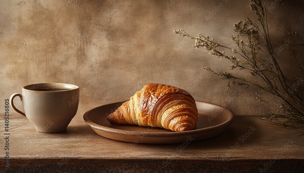A warm croissant and cup of coffee on a rustic wooden surface.