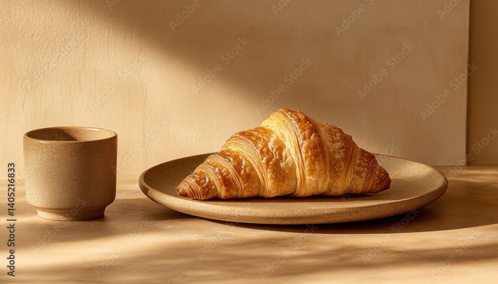 Golden croissant on a neutral plate with a complementary mug.