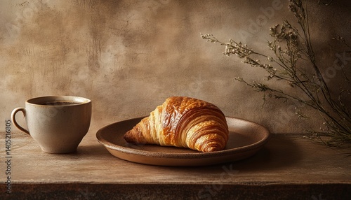 A warm croissant and cup of coffee on a rustic wooden surface.