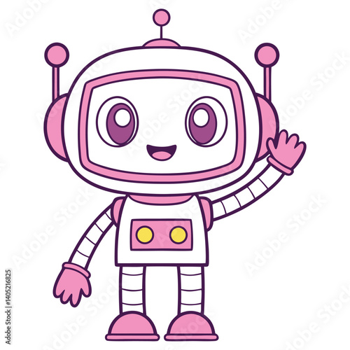 Cartoonish White Robot Waving Hand with Pink Outline on Transparent Background