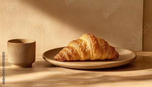 Golden croissant on a neutral plate with a complementary mug.