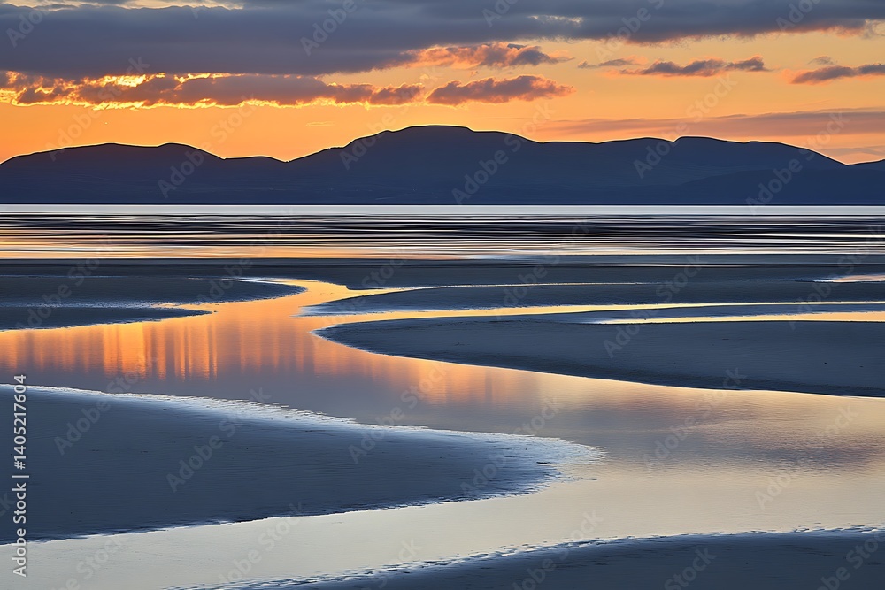 Golden hour water reflections over sand at low tide. Mountains at dusk in the background. Nature wallpaper Golden hour water reflections over sand at low tide. Mountains at dusk in the background. Nature wallpaper