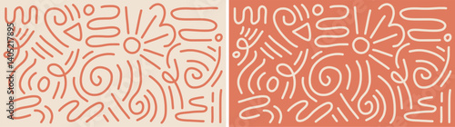 Geometric seamless pattern in retro color style with circles, semicircles, dots, zigzags, spirals, and wavy lines, cute kid doodle design for backgrounds
