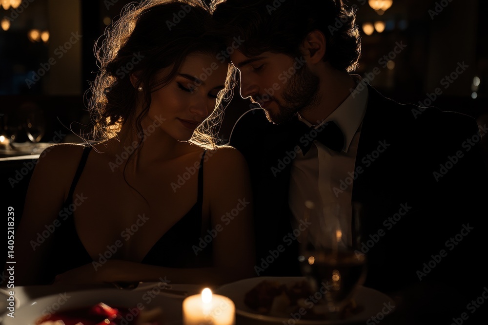 Romantic couple enjoys a candlelit dinner.