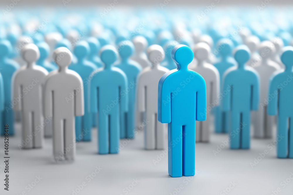 The blue figure of the leader is surrounded by a crowd of people. Leadership and team management, an example for imitation. Loyalty and trust. Idol. Like-minded people and followers The blue figure of the leader is surrounded by a crowd of people. Leadership and team management, an example for imitation. Loyalty and trust. Idol. Like-minded people and followers
