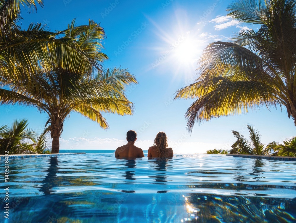 Couple relaxes in an infinity pool overlooking the ocean.