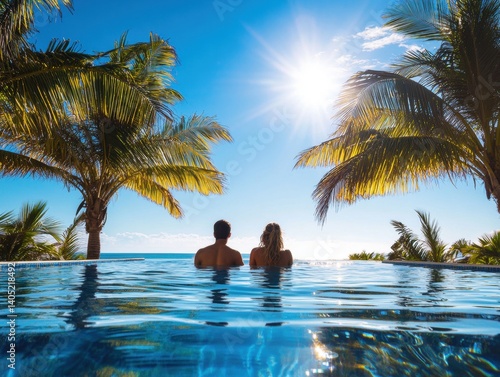 Obraz na płótnie Couple relaxes in an infinity pool overlooking the ocean. w salonie