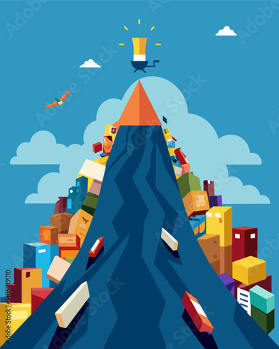 A mountain of excess goods reaching far beyond the ceiling and stretching out as far as the eye can see.. Vector illustration