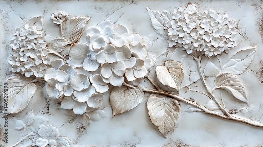 Wabi-sabi style porcelain bas-relief with delicate white flowers and leaves image Wabi-sabi style porcelain bas-relief with delicate white flowers and leaves image