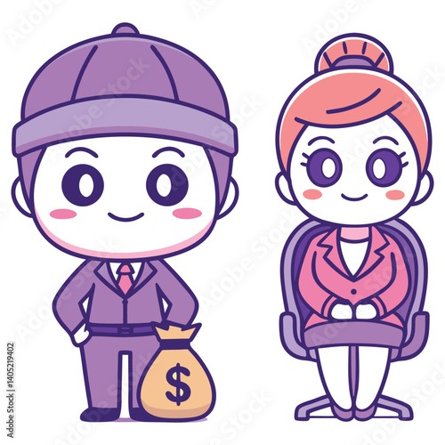 Asian Cartoon Businessman With Money Bag and Businesswoman Character Design